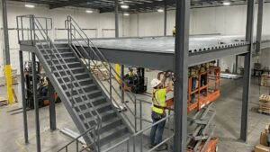 Montaje de estructura de altillos metálicos para naves industriales con escalera de acceso y vigas de acero de gran carga